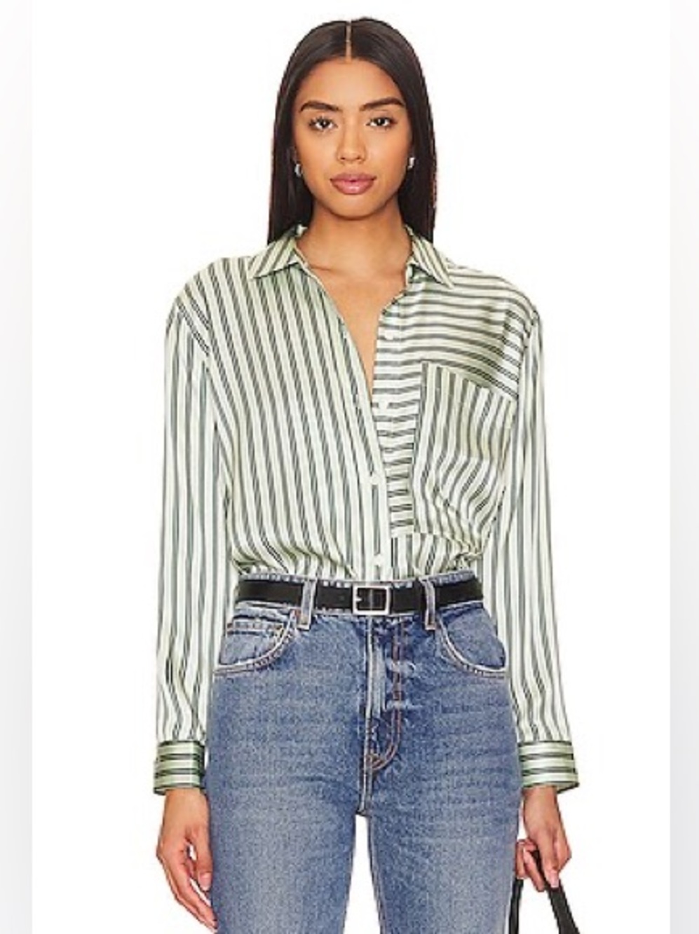 Rails Satin Green striped Button down Pocket Extra Large